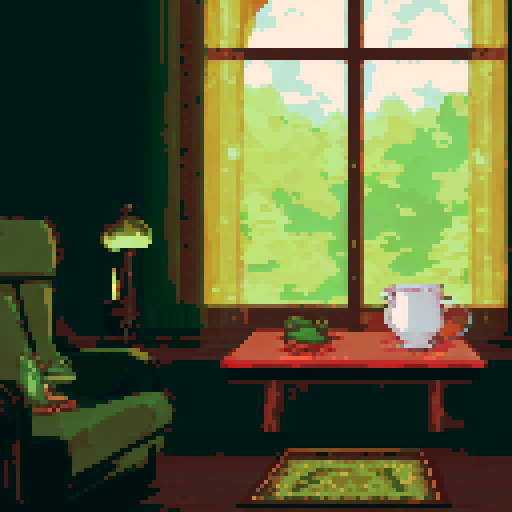 In the cozy ambiance of a dimly lit room, a small, jovial frog perches comfortably upon a plush couch chair, its diminutive size emphasized by the vastness of the furniture. The flickering flames of a nearby fireplace cast a warm glow, enveloping the space in a soft, golden light, creating an atmosphere of comfort and relaxation. With a mug clasped delicately between its tiny webbed fingers, the contented frog takes a sip of steaming coffee, its expression reflecting pure bliss.