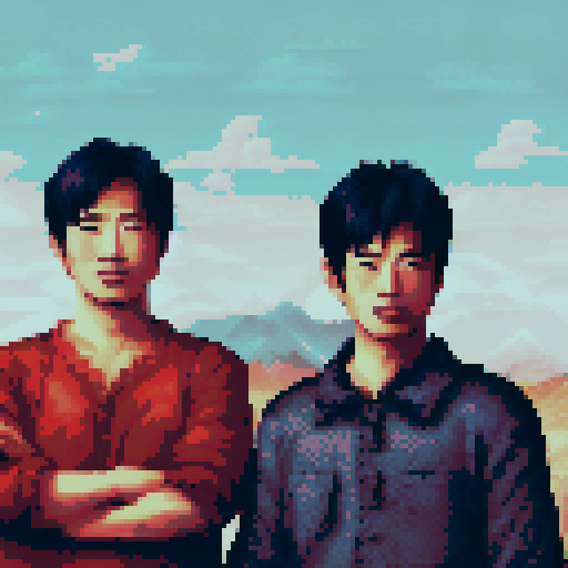 Japanese men, pixelated figures, vibrant colors, sRGB palette, intricate pixel art details, traditional clothing, serene background, peaceful landscape