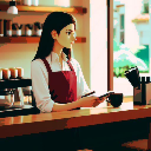 A male hitman dressed in unassuming fashionable clothing standing in a quiet coffee shop observing a day-dreaming female barista who is leaning over the counter and reading an erotic novel