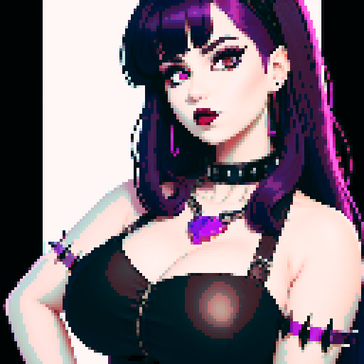 Thicc, busty goth girl, with long purple hair, eyeliner, red lipstick. wearing a halter top and spiked collar. Posing for a up close face portrait. vibrant sRGB colors, pixel art, 