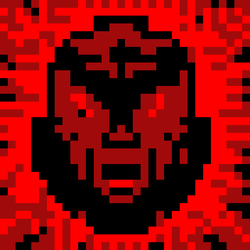 Psychosis, distorted facial features, vibrant colors, pixelated details, sRGB palette, close-up shot, skill art, intense gaze, game icon, 32x32 pixel art, close-up portrait