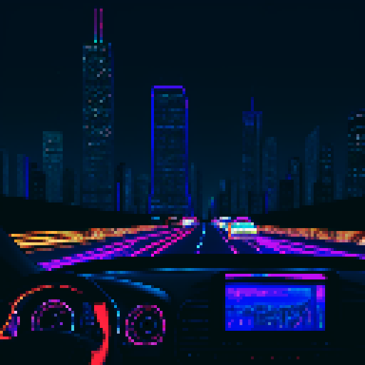car dashboard illuminated with city lights, cruising along a bustling highway, surrounded by towering skyscrapers and a depressing skyline, under a pollutedt sky, capturing the essence of mystery and depression