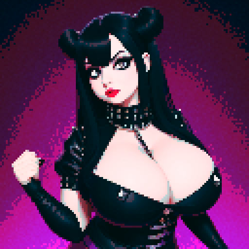 curvy, busty cute goth babe with studded collar, big titty goth wearing halter top, beautiful eye glamour shot, pixel art, sRGB