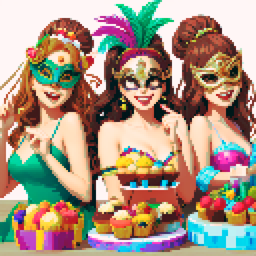  happy women in carnival costume,  in a Masquerade mask, cakes, muffins next to her
