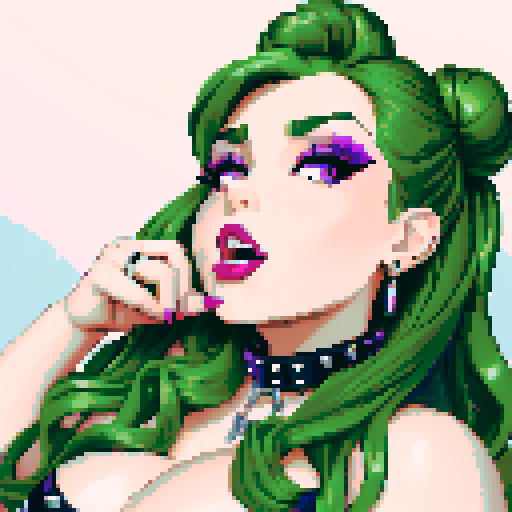 thicc, curvy, seductive busty goth babe with studded collar, long purple hair in buns, fishnet stockings, orgasmic aroused nude big titty goth in a nude sexy pose, pixel art, sRGB