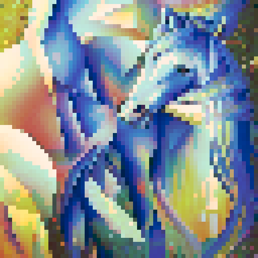 blue horse, galloping through a vibrant pixelated landscape, mane flowing with vibrant colors, surrounded by geometric shapes and bright blocky trees, showcasing the intricate details of pixel art