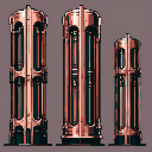 I want a tall vertical copper structure reminiscent of a organ pipe. It should have strange mechanical details that could interlock with each other. I also want this object usable an asset in a videogame, meaning only one object per image, outlined with a strong black stroke, on a solid-color background.