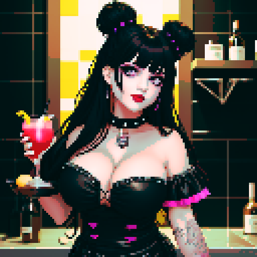 Curvy cute goth girl bartender, long hair in buns with bangs, dark smoky eyes, black studded choker, fishnet stockings, pouring colorful cocktails. busty goth babe with studded collar, wearing buckled halter top, in a full face portrait with a glamour shot aesthetic, against a moody tile backsplash, capturing an edgy pixel art style in sRGB