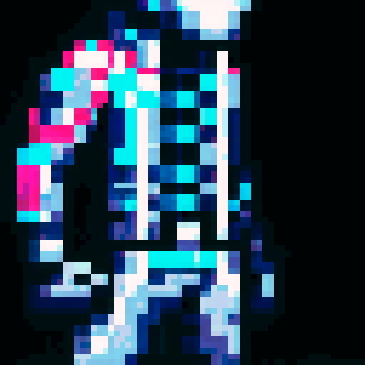 sprite of a cyberpunk space trader, futuristic design with a cybernetic arm, a visor over the eyes, and wears a trench coat with glowing lines. blue and teal with neon pink and yellow accents, distinct sci-fi aesthetic. The visor illuminated from within, glowing yellow-orange, cybernetic arm intricate detailing, advanced technology. The character confident posture, taking step foward