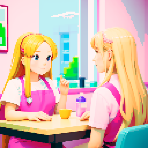 A girl with long blonde hair wearing a pink apron and a friend with short brown hair sitting in front of each other at a table in a nail salon. 