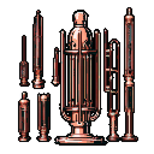 I want a tall vertical copper structure reminiscent of a organ pipe. It should have strange mechanical details that could interlock with each other. I also want this object usable an asset in a videogame, meaning only one object per image, outlined with a strong black stroke, on a solid-color background.
