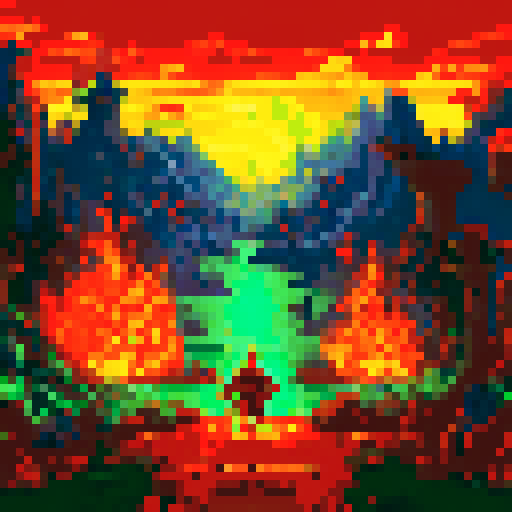 Hero standing tall amidst a fiery landscape, with pixelated flames flickering in the background and a horde of defeated monsters at their feet
