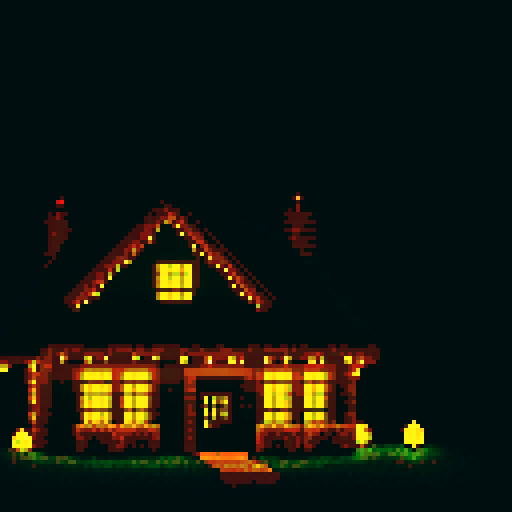 house with lights on near forest, night