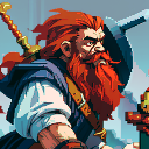red bearded dwarf cleric, wielding a great hammer, surrounded by a golden aura, in a pixel art style using vibrant sRGB colors