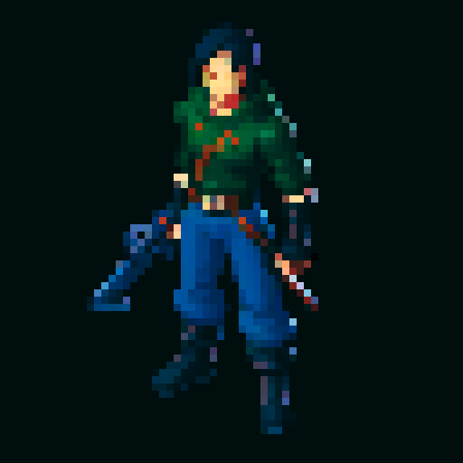 Game character rogue-like game with top view, regular guy with weapon and hand pet, cyberpunk, gray background, 16-bit, controls time, gray background, fighting pose, prepared