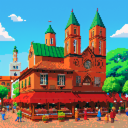 Tall brick buildings with red roofs and chimneys, cobblestone streets lined with colorful market stalls, people in modern clothes chatting and buying fresh produce, a car passing by, 4 bell towers in the background, all depicted in pixel art with vibrant sRGB colors