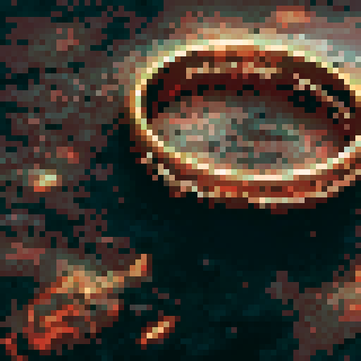 A golden ring with bright yellow text surrounding it, resting on a stone floor