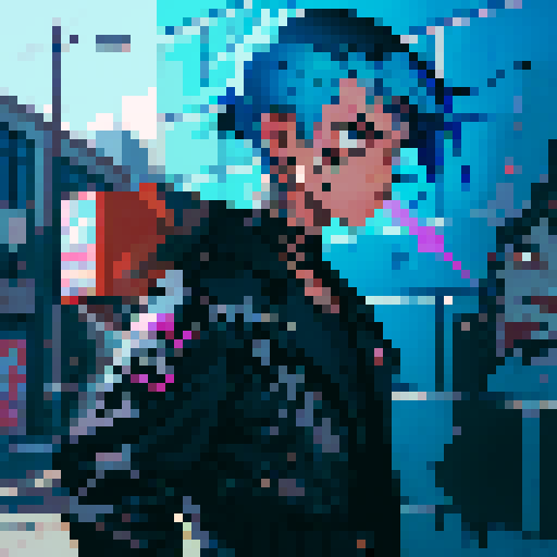 school, punk, rebellious character with spiky blue hair, torn black leather jacket covered in band patches, holding a spray paint can, surrounded by vibrant graffiti on brick walls, against a backdrop of lockers covered in stickers, all rendered in sRGB pixel art
