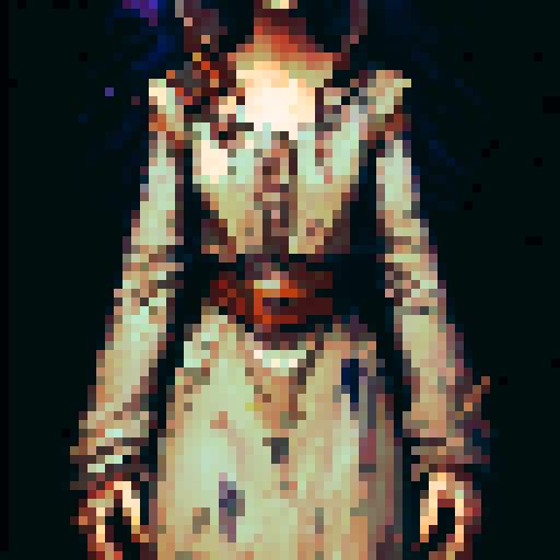 Generate a detailed pixel art character of Mabel Wakefield, a 19-year-old woman with a profound backstory of resilience and transformation. Mabel has emerged from a year-long imprisonment in the Alderwood Dungeon, visually transformed by her ordeal. Her appearance should reflect a juxtaposition of despair and determination: long, unkempt brown hair, a once-simple dress now tattered and stained, evolving into attire that symbolizes her growth into a resilient warrior.