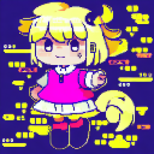 Cute schoolgirl with pink pigtails and a bright yellow backpack poses for a close-up character portrait in a charming anime style, complete with pixel art details.