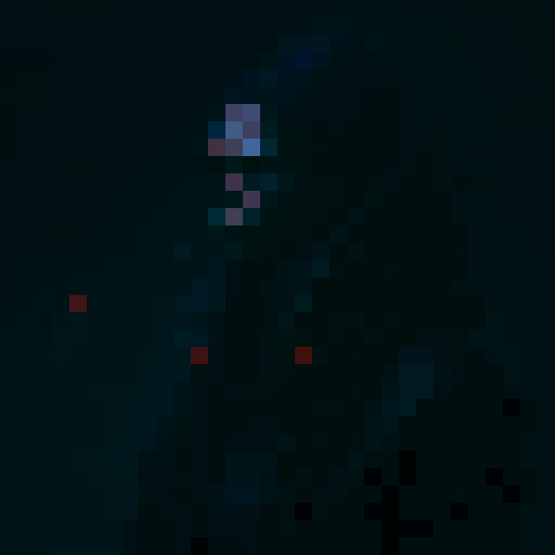 small, red-cloaked character with hidden face, intense red eyes, black outline, wielding a glowing sword, surrounded by swirling mist and mystical runes, fantasy RPG