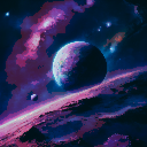 majestic view, purple planets looming over a cosmos of twinkling stars, painted in a landscape portrait style