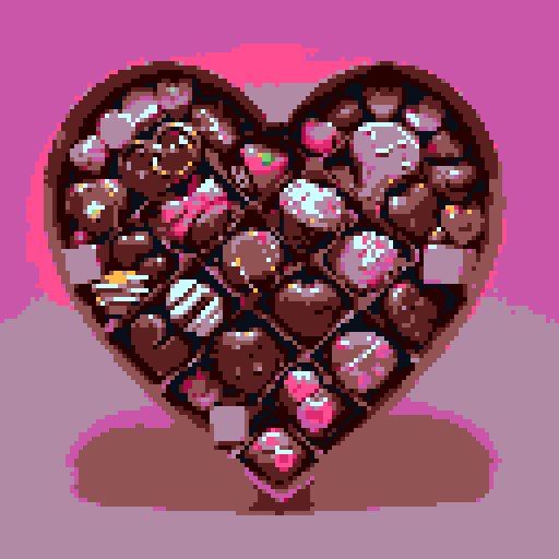 Box of Valentine's Day chocolates, shaped like cupcakes and hearts with intricate details such as pink frosting and decorative toppings. Charming and romantic theme