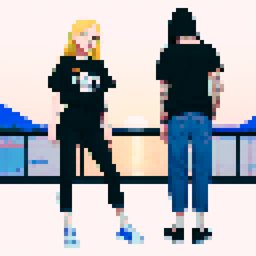 Generate an image of a young couple standing on a bridge at sunset, viewed from behind. The woman has long blonde hair, covered by a black hood, and is wearing a black shirt with the bottom tied at the waist and low-rise black jeans. She has visible tattoos: a simple line drawing of a snake on her arm, and stars and a cartoonish character on her lower back. The man has his t-shirt pulled over his head revealing his back, and is wearing blue and white basketball shorts. He has multiple tattoos: m