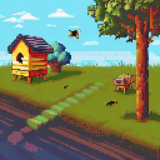 small apiary, beekeeper tending hive, isometric style, sRGB, pixel art, English countryside, pixelated bees flying