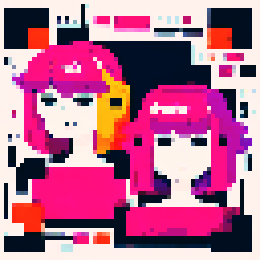 "Pixelated close-up of two chic girls, meticulously arranging a fashion grid filled with bold patterns, vibrant colors, and whimsical accessories reminiscent of Art Deco design, rendered in a vibrant anime style."