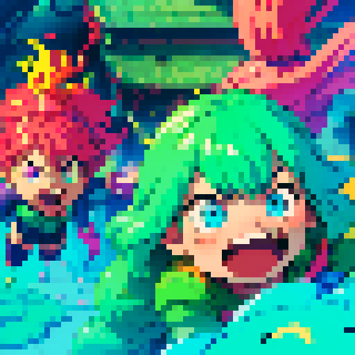 slime, vibrant colors, pixelated heroes, bouncing between people, sRGB, art style