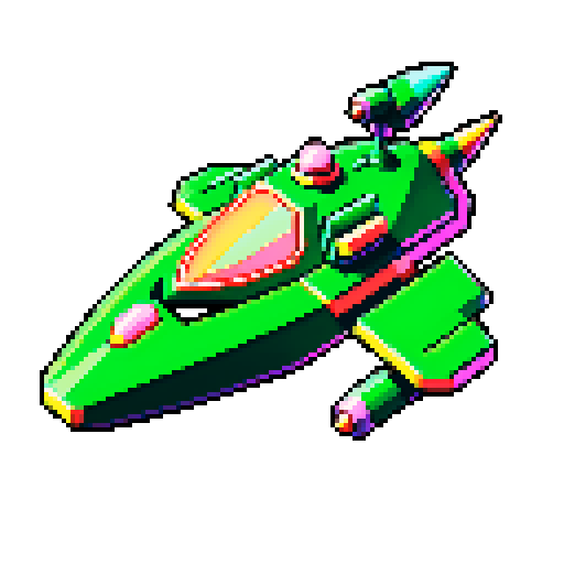 Green spaceship, retro, low resolution, vibrant colors, geometric shapes, angular design, glowing thrusters, metallic finish, glossy surface, starry background, cosmic atmosphere, sci-fi aesthetic, futuristic, extraterrestrial, otherworldly, nostalgic, video game-inspired