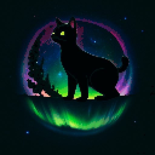 hyperrealistic silhouette of a black cat, galaxies and stars covering the night sky, aurora borealis, pixel art, sRGB