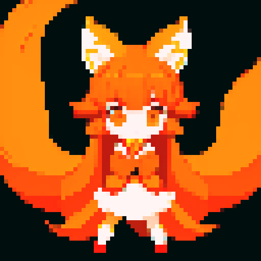 Kitsune girl with flowing fiery tails, vibrant orange and white fur, delicate fox ears, and a mischievous smile, in pixel art with sRGB color palette