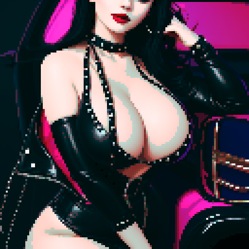 Alluring, curvy, cute busty greaser goth woman's face, whole head portrait, black hair, purple eyeshadow, red lipstick, low cut black studded leather halter top, studded collar, vibrant sRGB colors.