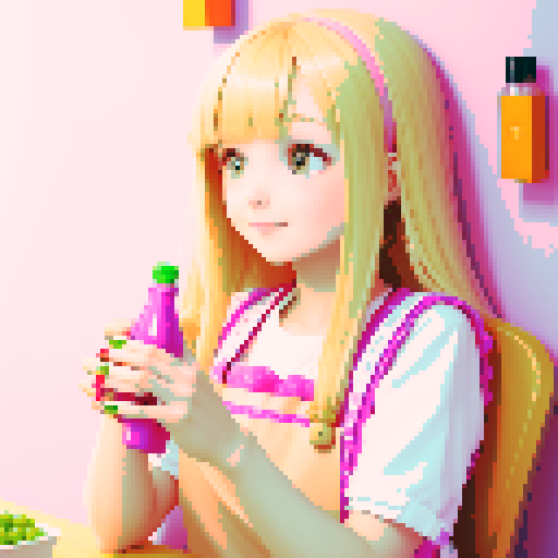 A girl with long blonde hair wearing a pink apron, a friend with short brown hair, sitting opposite of each other, nail salon, nail polish bottles on the walls. 