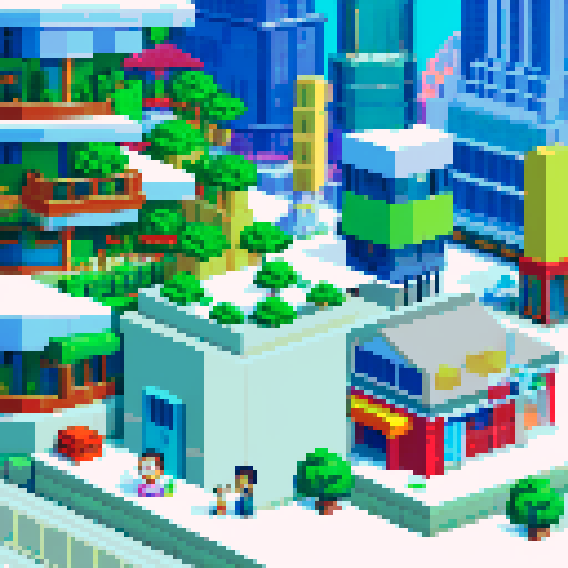 TokiToki City, bustling streets, vibrant skyscrapers, 8-bit cars, sRGB colors, digital art,Mountains,Hyperbolic Time chamber