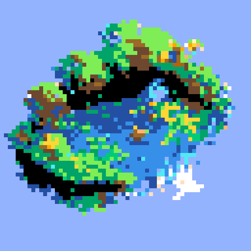 yellow duck in a pond, surrounded by lush greenery and reflecting sunlight in a serene pond with shimmering ripples and pixelated waves, creating a tranquil atmosphere in a picturesque landscape with vibrant colors using intricate pixel art in the sRGB palette