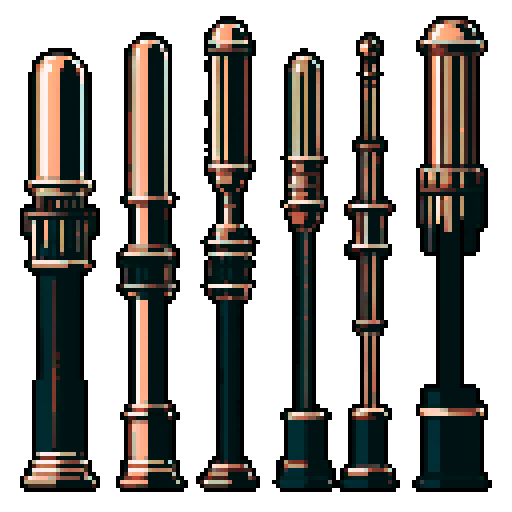 I want a tall vertical copper structure reminiscent of a organ pipe. It should have strange mechanical details that could interlock with each other. I also want this object usable an asset in a videogame, meaning only one object per image, outlined with a strong black stroke, on a solid-color background.