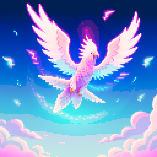 Terraria wings, gradient colors, pale pink, white and light blue, pixelated feathers, glowing trails, intricate designs, fantastical creatures, floating in mid-air, pixel art, transparent background, sRGB