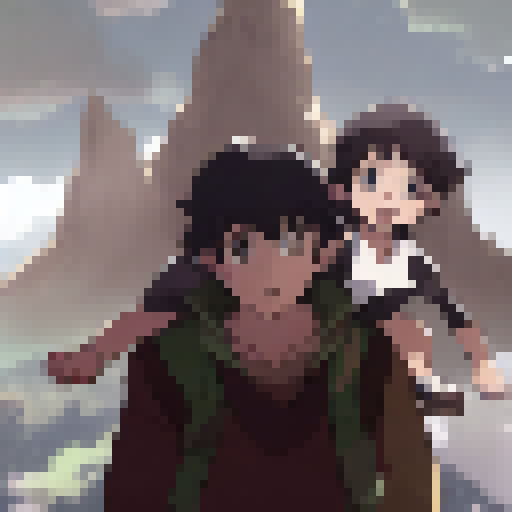 Baby on my shoulders, Hobbit and Frodo chatting, lush green Shire scenery, oversized butterfly fluttering by, all depicted in an Anime style.