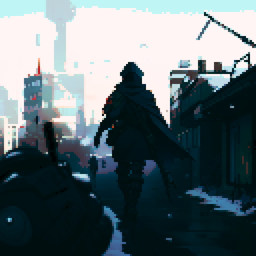 scifi soldier walking towards war torn city with a panzer faust on his back and a rifle in his hand. A Squad Mate of his is looking towards him, he has a cape on and a hood and carries a sniper rifle. The city has snow on it. Colorful, and good use of shading on the characters