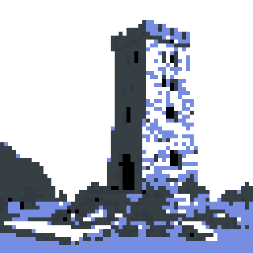 2d stone tower in an ancient english style. Old and crumbling but still upright. Usable as an asset (clear, thick lines and a white background). Put a black stroke around the composition