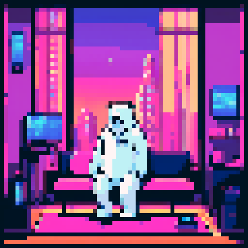 "An 8-bit pixel art of a wealthy polar bear in a high-tech mansion. The bear, in a suit and sunglasses, lounges on a sleek sofa surrounded by holographic displays, LED lighting, and smart glass walls. Crypto symbols glow on digital panels, and a workstation with trading charts highlights his success. A panoramic window reveals icy mountains, blending luxury and futuristic tech."