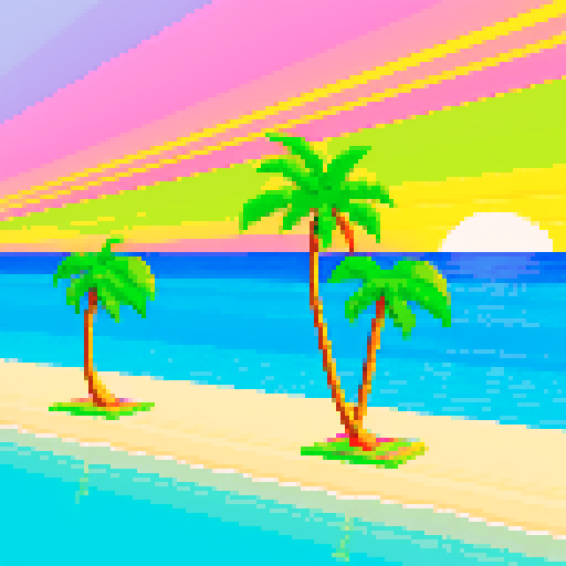 vibrant, 16-bit, Sega Genesis style palm trees swaying on a vaporwave beach with a golden sunset casting sRGB colors over the water