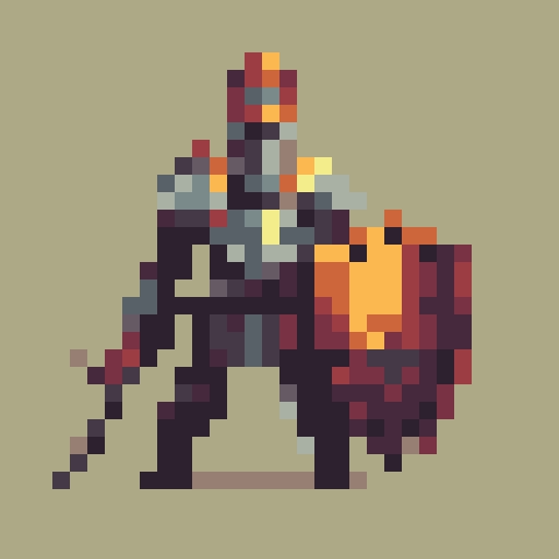 valiant knight, brown-haired, no helmet, wielding a sword and shield, shield embossed with a golden "V", oblique side view