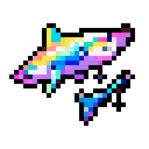 Iridescent Shark, vibrant hues, shimmering scales, pixelated art, sRGB color palette