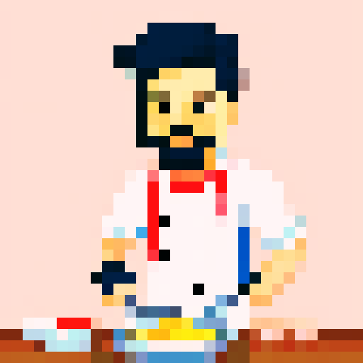cooking chef with moustache, frying pan in hand, pixel art, vibrant sRGB colors
