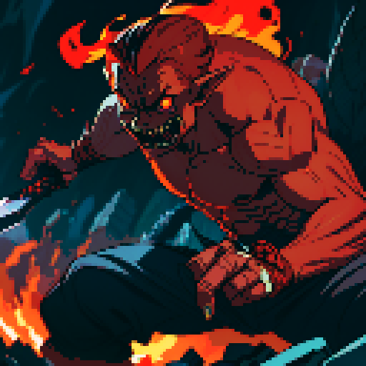 Goblin monster, fierce expression, glowing red eyes, jagged teeth, muscular arms, clutching a rusty sword, poised for attack, pixelated art, vibrant sRGB colors