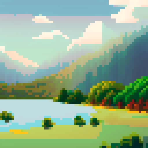 Picos cobertos de neve elevando-se sobre um lago sereno, cercado por florestas verdejantes e flores silvestres florescentes, tudo renderizado em pixel art sRGB vívido com um fundo de uma paisagem deslumbrante